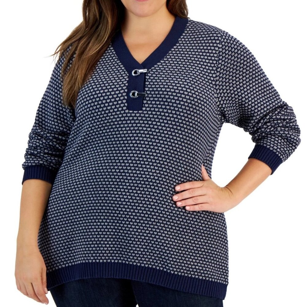 Karen Scott Women's Plus Size 100% Cotton Knit Henley Pullover Sweater, Blue, 3X